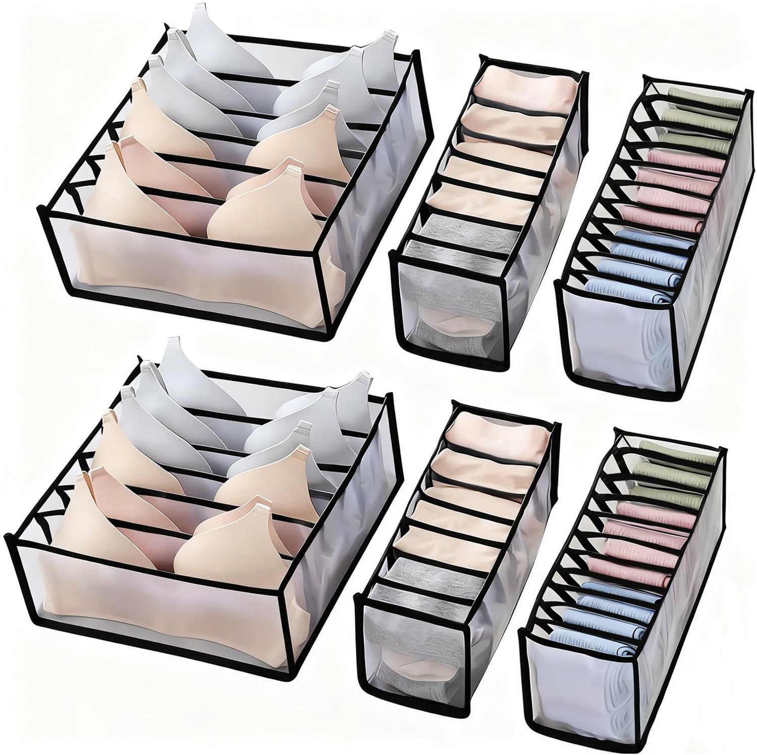 Kledingkast Organizer Set – 6-Delige Opvouwbare Textiel Opbergdozen met Vakken voor Ondergoed, Sokken en Stroken – Gemaakt van Polyester