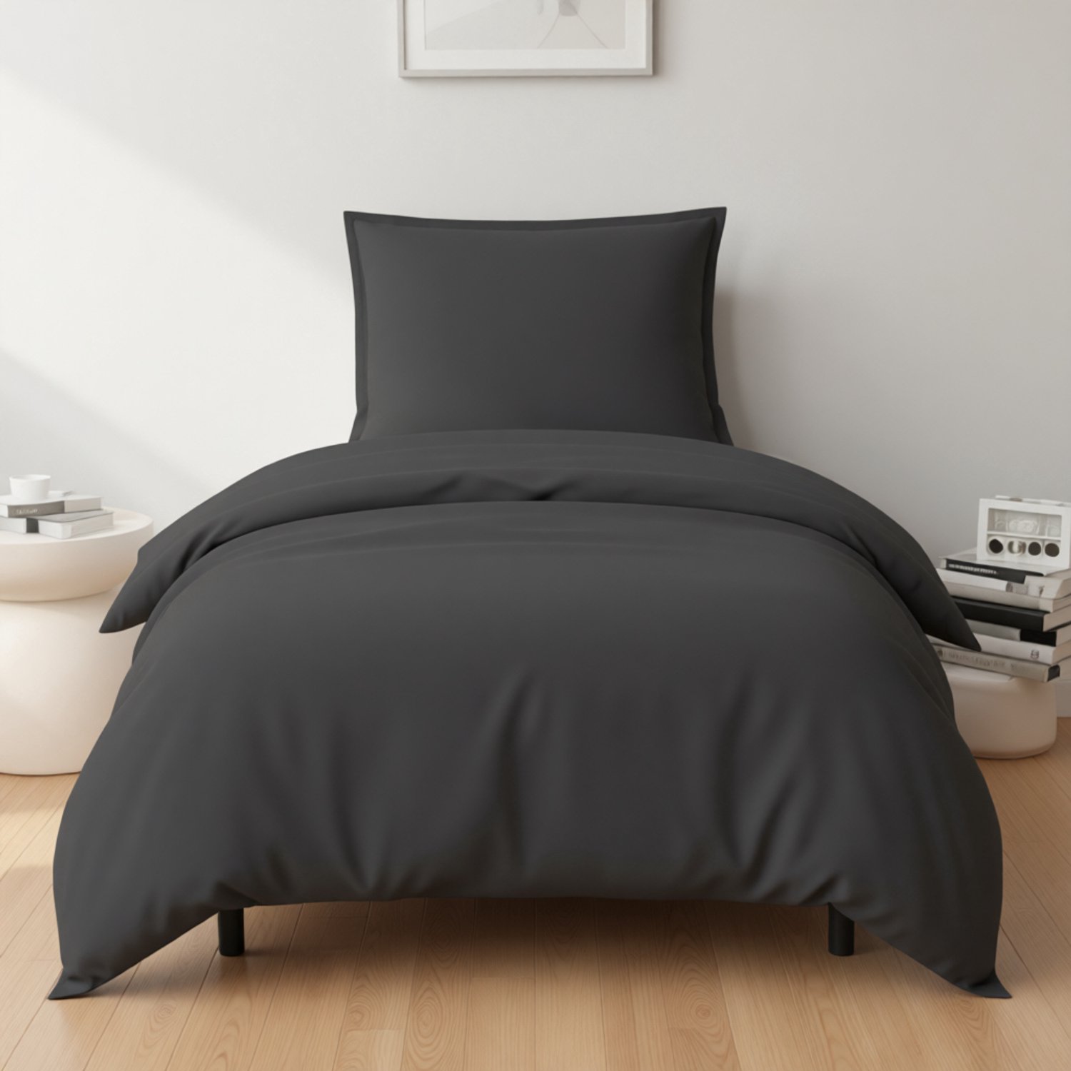 Dekbedovertrek 135x200 cm met 1 Kussensloop 80x80 cm - Effen Donkergrijs - 100% Polyester - Met Rits en 4 Instopstroken