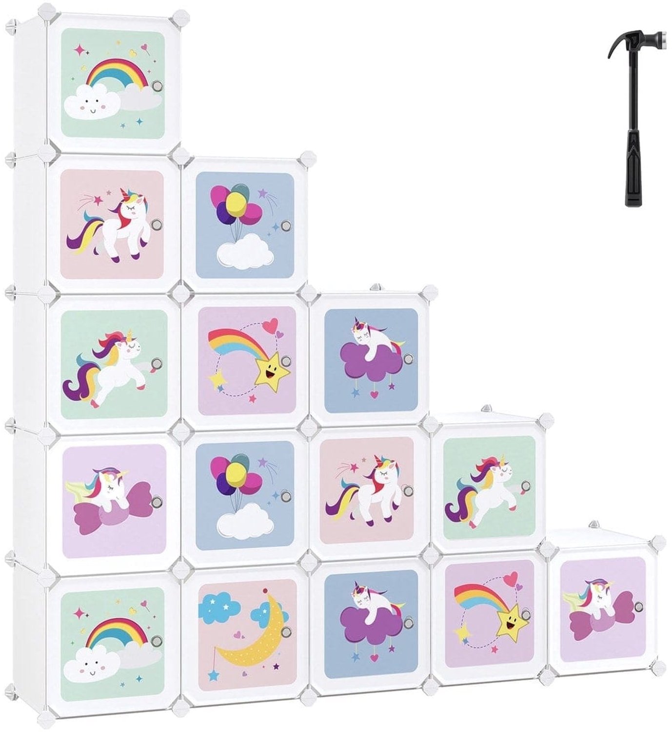 Klarven Kinderboekenkast Wit - Kinderboekenkast met Vakken - 16 Vakken en Deuren - Kunststof Opbergsysteem voor Kinderkamer - 153x31 cm