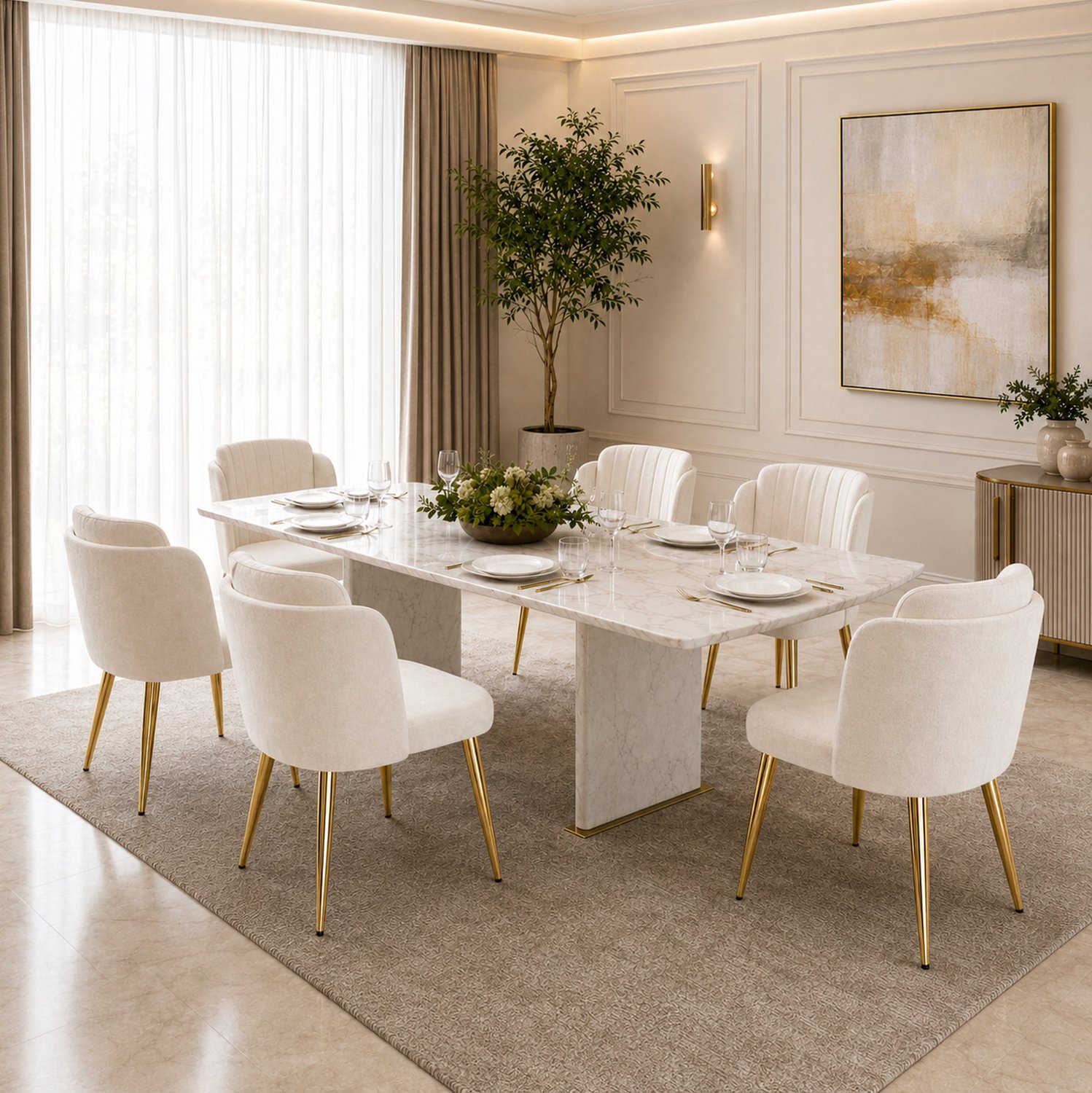 MODENUIT Eetkamerstoelen - Set Van 6 - Verstelbare Voetdoppen - Stof En Metaal - Wit - 58,5x62x78 Cm