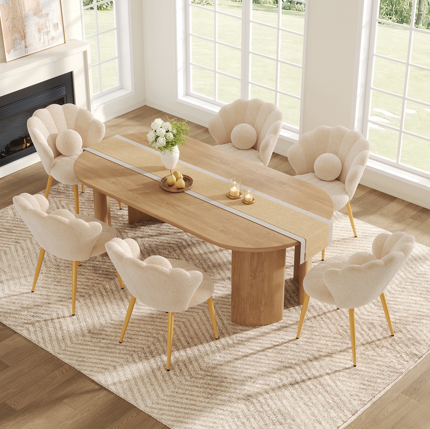 DESMIU Eetkamerstoel - Kuipstoel - Set van 6 - Schelpvormige Rugleuning met Rond Kussen - Voor Eetkamer en Thuiswerkplek - Stof Beige