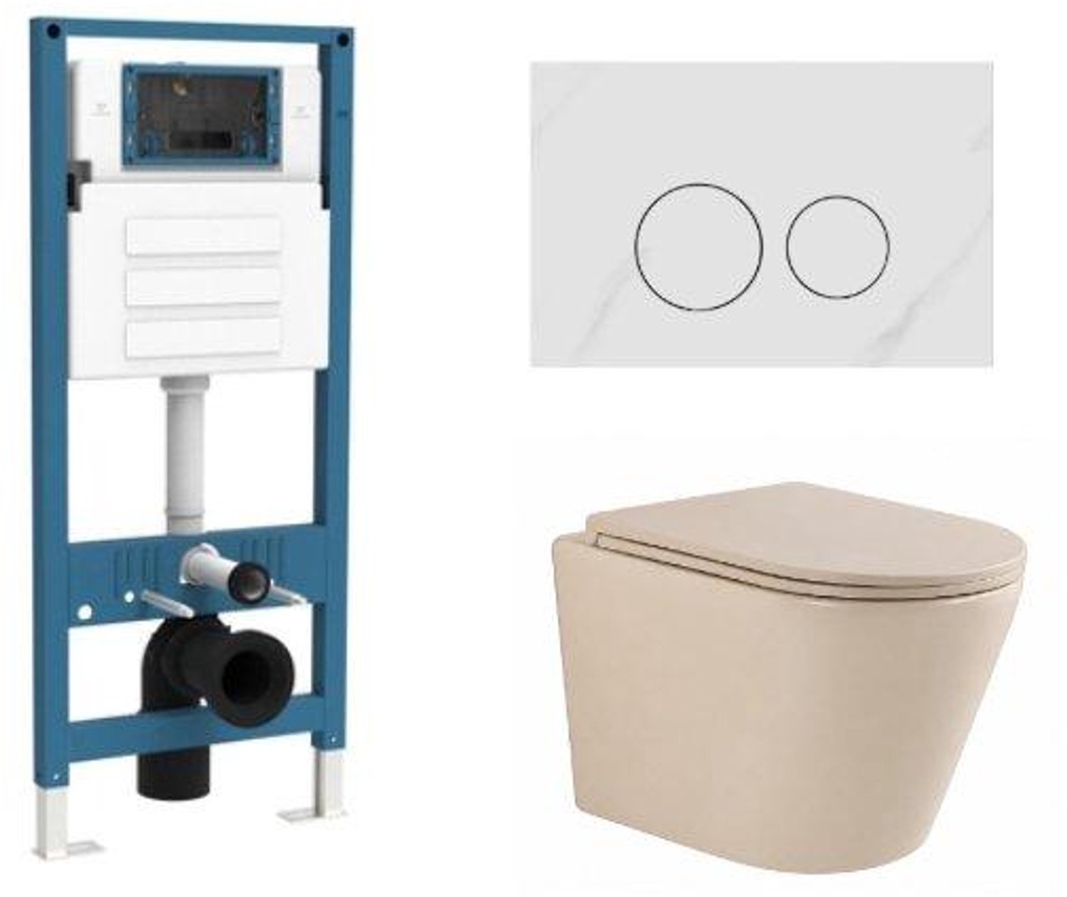 QeramiQ Dely Toiletset - inbouwreservoir Qeramiq Flush - slim zitting - natuursteen wit marmeren bedieningsplaat - ronde knoppen - beige