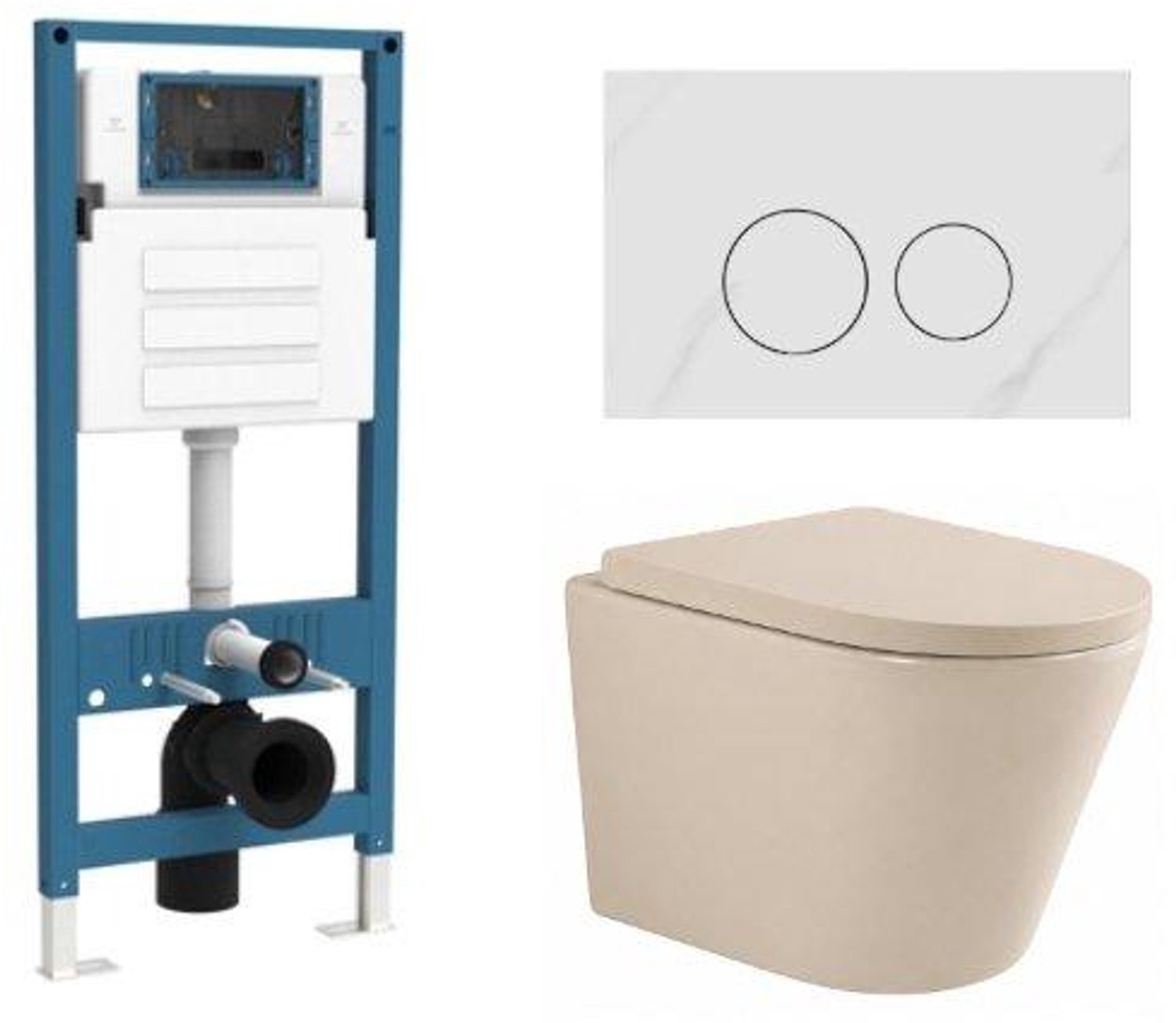 QeramiQ Dely Toiletset - inbouwreservoir Qeramiq Flush - 35mm zitting - natuursteen wit marmeren bedieningsplaat - ronde knoppen - beige