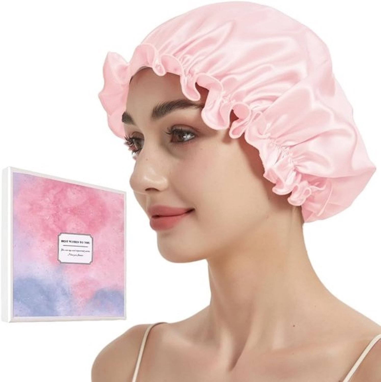 Antislip slaapmuts van zijde, roze - 100% zijden haarband voor krullend en lang haar, elastisch, verpakt in geschenkdoos