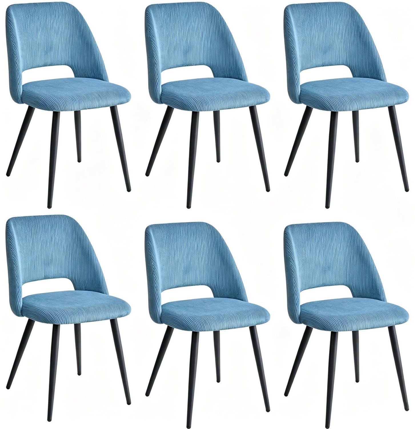 SONNENH Eetkamerstoelen set van 6 - Blauwe corduroy - Open rugdetail - Zwarte metalen poten
