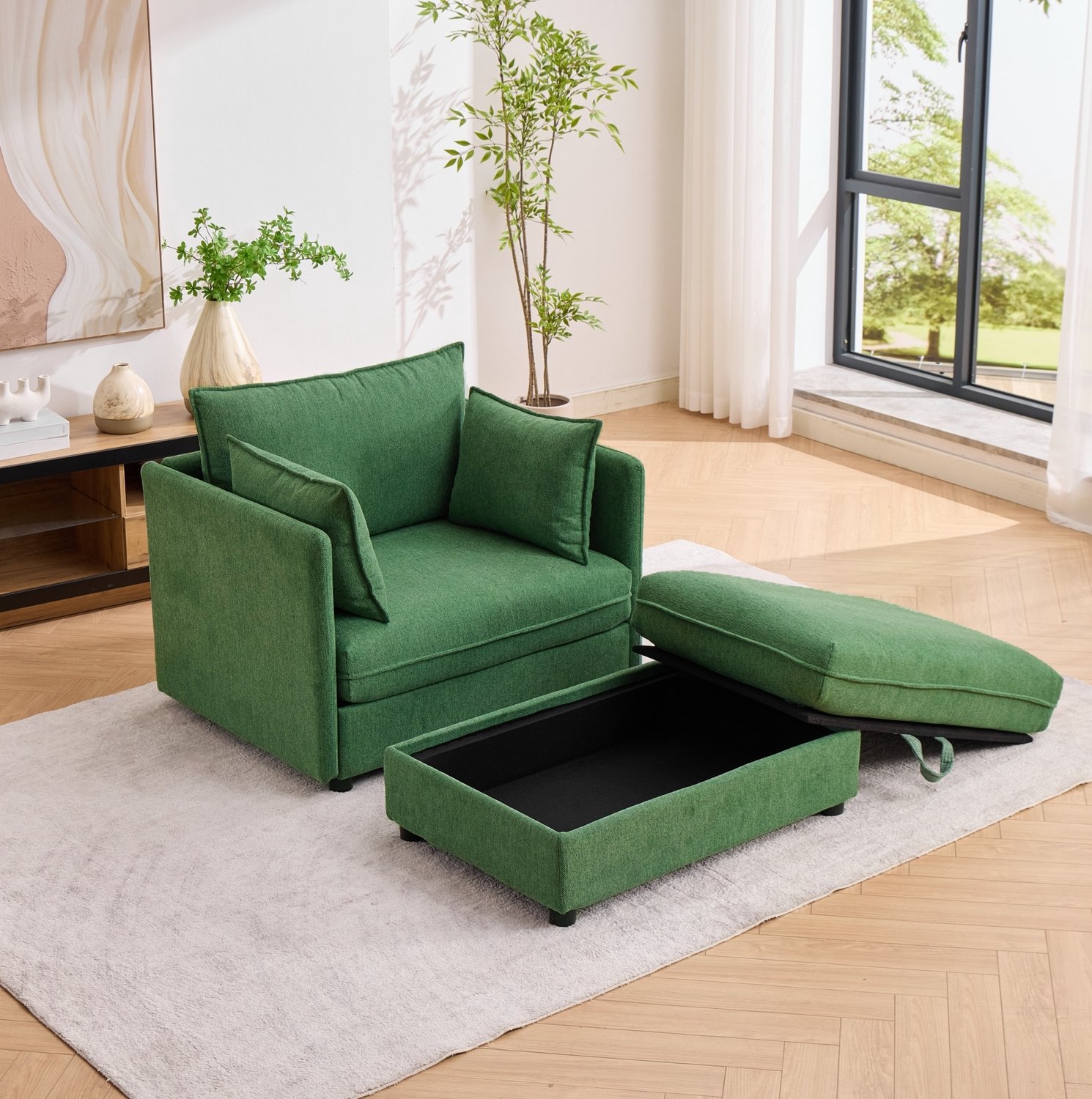 DESMIU Fauteuil 1-Zits - Compact Met Opberghocker Als Voetensteun - Voor Woonkamer, Werkkamer En Balkon - Altay-Fluweel - Groen
