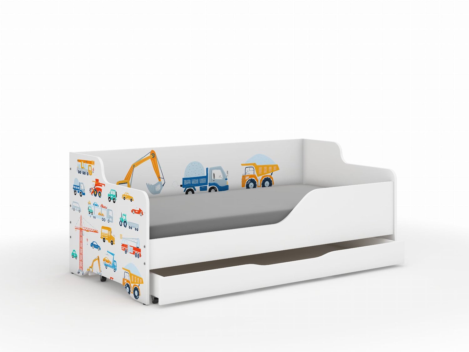 Wooden Toys Lilu - Kinderbed - 160 x 80 cm - Machines - Inclusief Matras en Bedlade wit