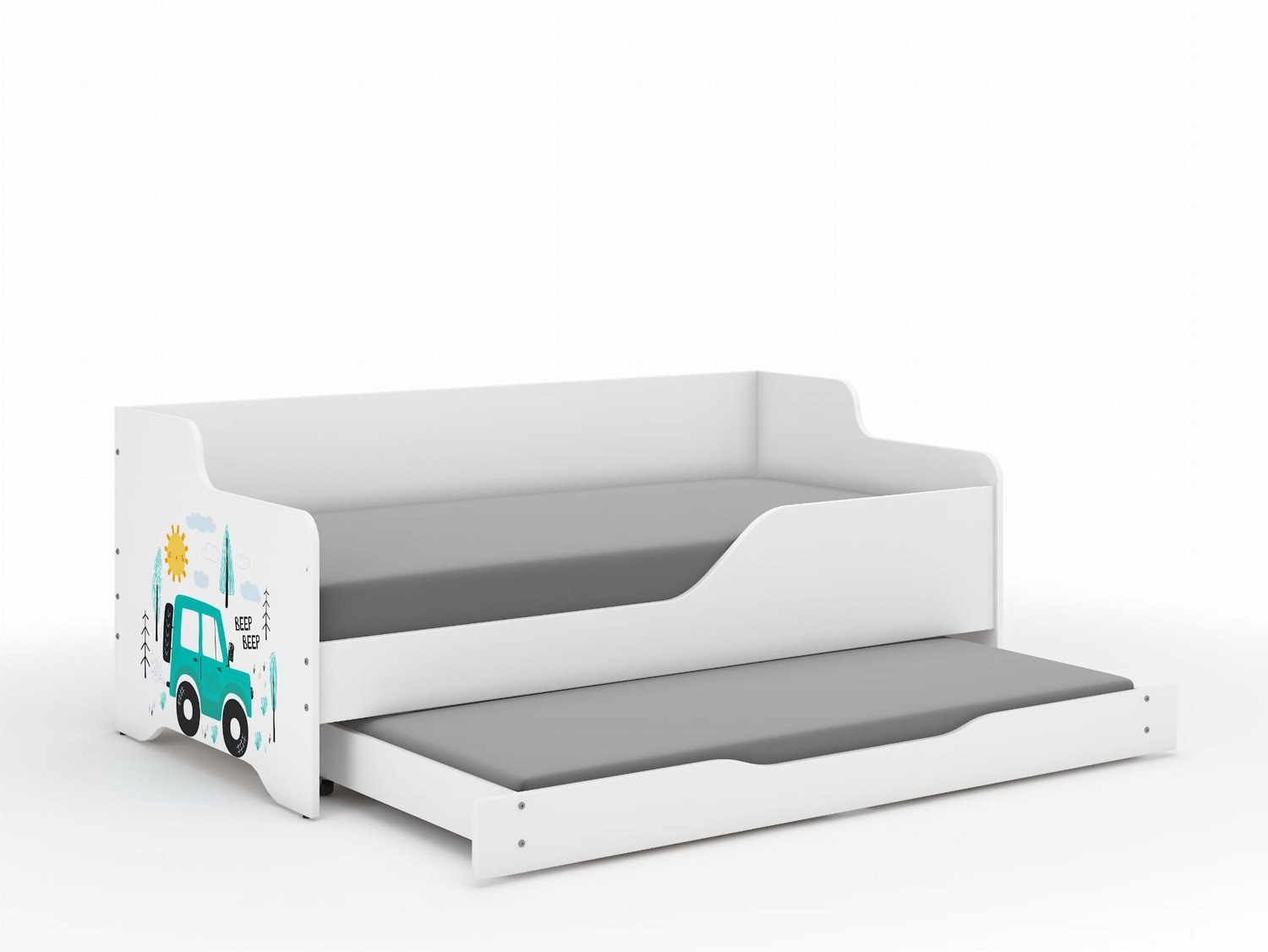 Wooden Toys Lilu - Kinderbed - Auto's - Met onderschuifbed - Inclusief matrassen wit