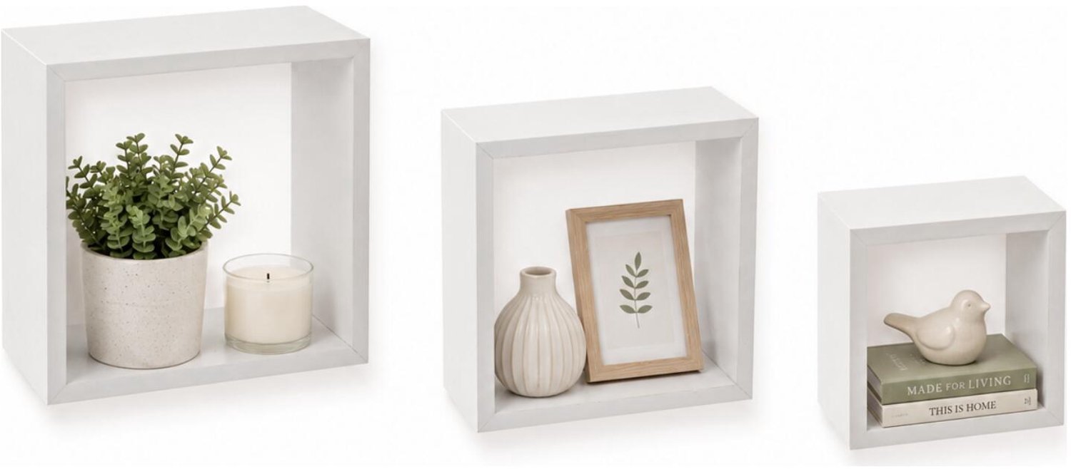 5five Zwevende wandplanken Blocks - set in 3x maten lengtes 15/20/25 cm - wit - hout - boekenplanken - muurplanken - hangplanken - kubussen