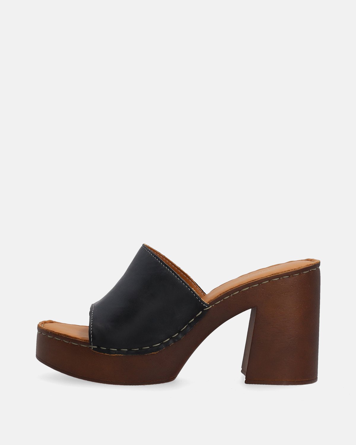 Dames - Leren Slides - Zwart - Hoge Blokhak 9,5 cm