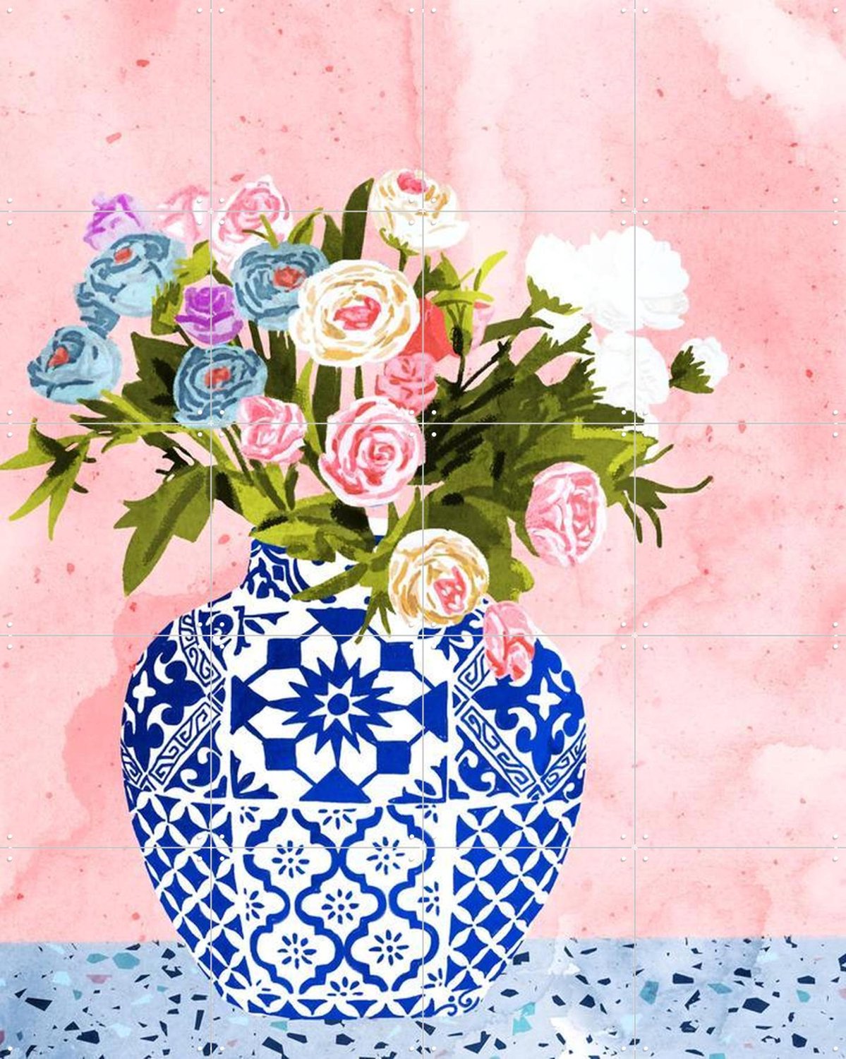 IXXI Ceramic Planter, Uma Gokhale & Various - 80 x 100 cm - Grote wanddecoratie en posters - Speels, Woonkamer, Slaapkamer, Eetkamer, Boeket, Bloemen Roze / Blauw