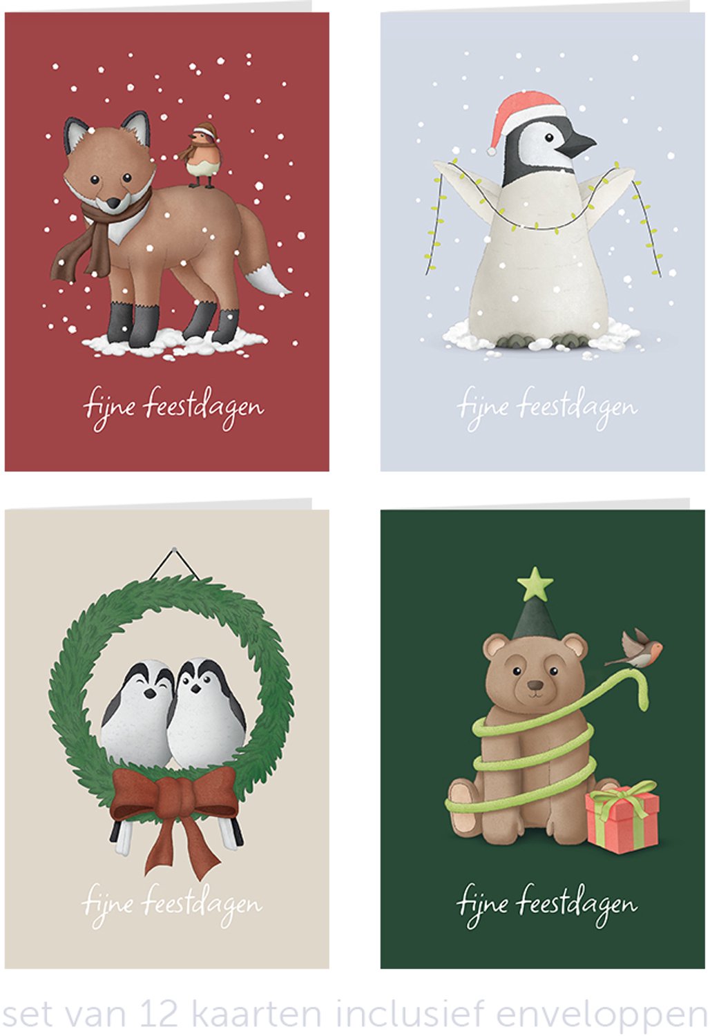 Inikini - Kerstkaarten - Set van 12 - 4 ontwerpen - Inclusief enveloppen - Dieren