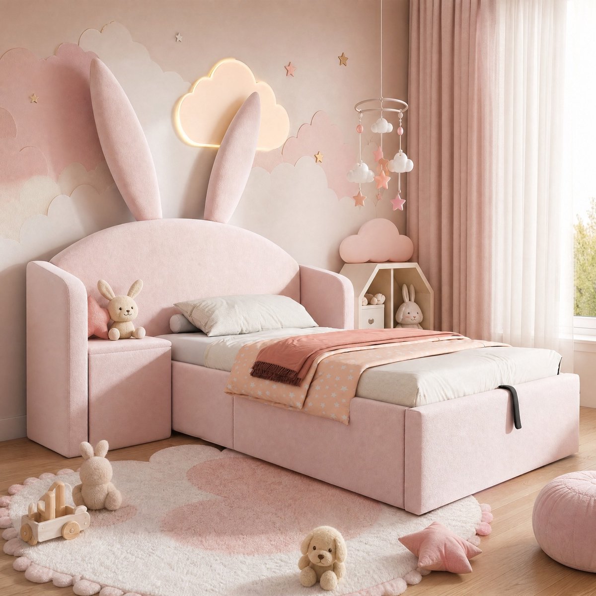 COVREO Kinderbed met opbergruimte – 206x149x143 cm – Normaal bed van stof, hout en metaal – hazenoren – Roze - zonder matras Rose