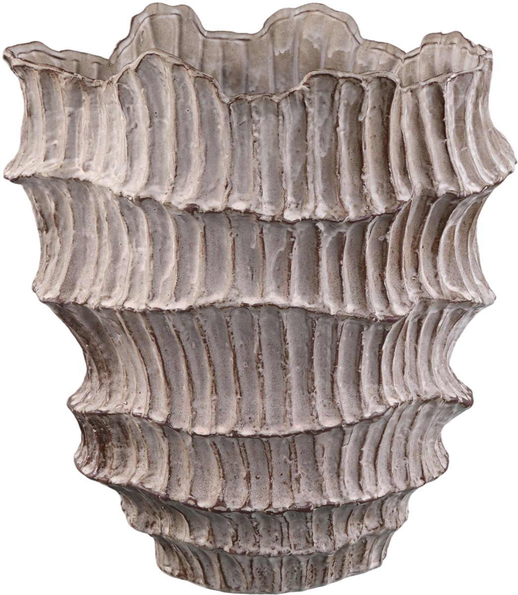 PTMD Talan Beige Round Wavy Ribbed Ceramic Vase A