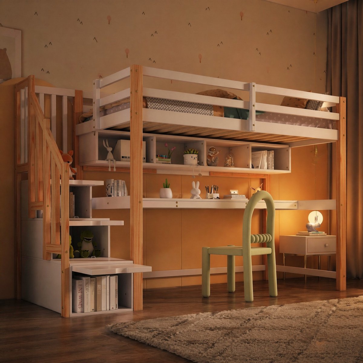 COVREO Hoogslaper met bureau en trap – 90x200 cm – Kinderbed met opbergruimte – voor kinderkamer – Wit eiken - zonder matras Wit en eiken