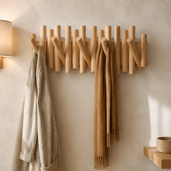 Wandkapstok - Kapstok - van massief Europees beukenhout - 5 inklapbare haken - Picket rail kapstok voor hal, slaapkamer en entree - 37 x 16 cm - Piano kapstok - Kapstok Muur - Naturel — afbeelding 4