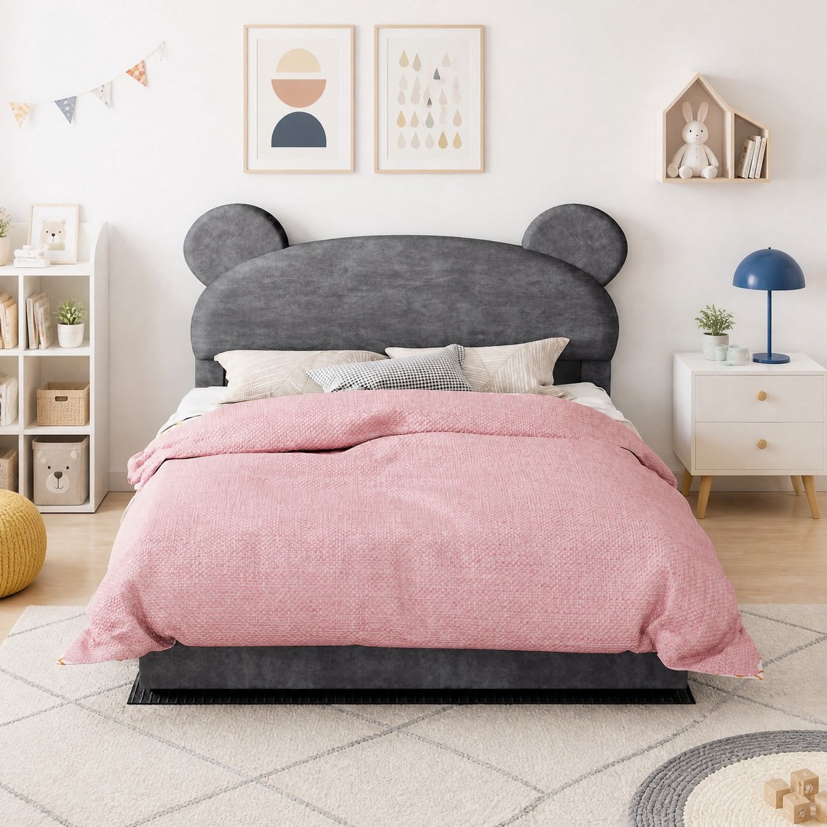 COVREO Gestoffeerd bedframe met opbergruimte – 200x140x133 cm – Normaal bed met gaslift – Cartoon hoofdbord voor kinderkamer – Grijs - zonder matras