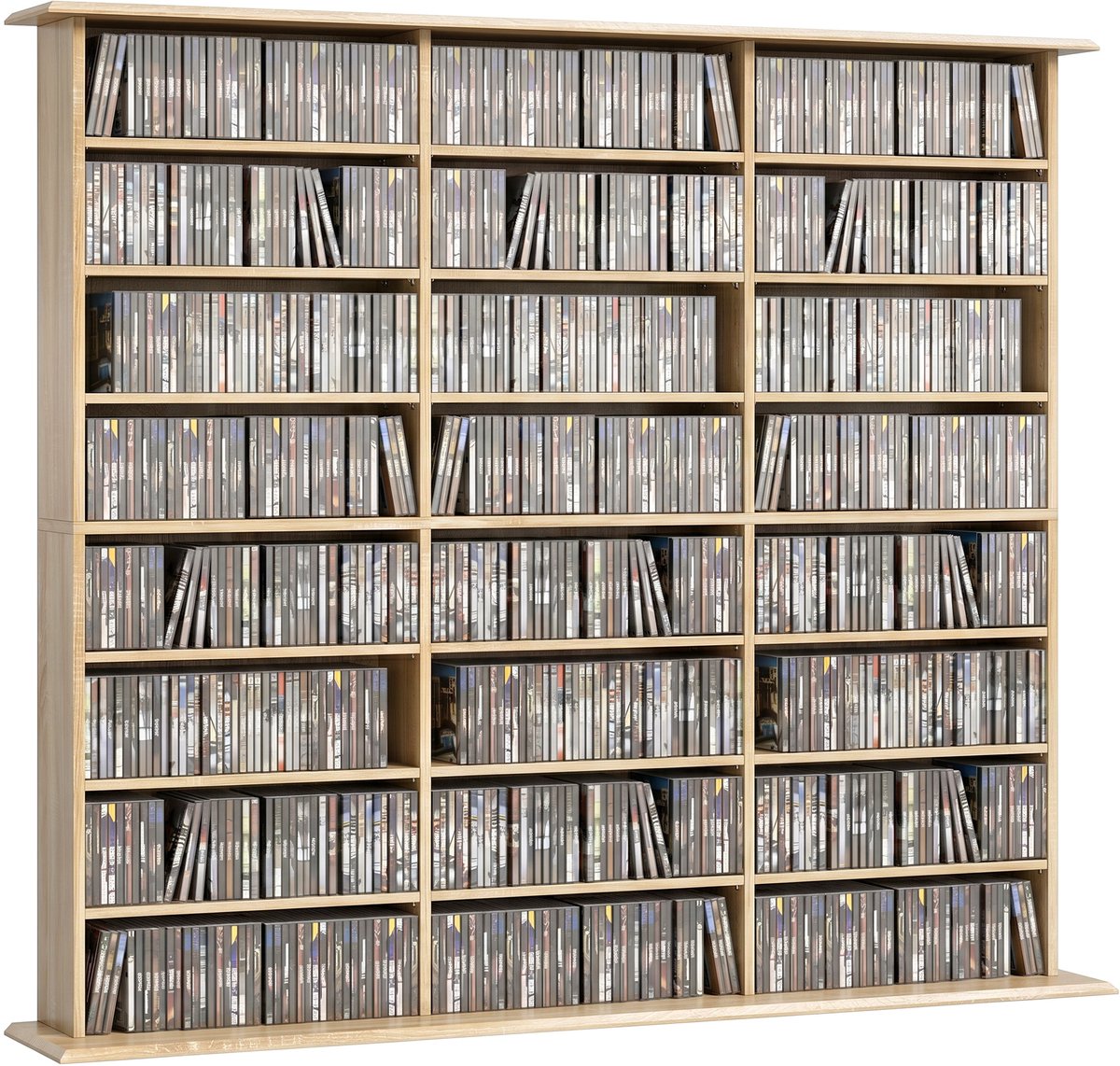 Opbergmeubel voor 1032 cd's en 594 dvd's - Multimediarek met 24 vakken - 18 verstelbare planken - Eikenhouten afwerking - Ruime opbergcapaciteit - Stevige en duurzame constructie