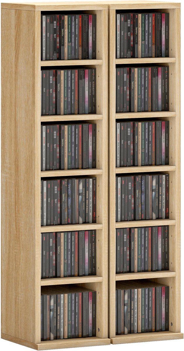2-delige CD-DVD opbergkast - 12 compartimenten - opslag voor 204 cd's - geschikt voor cd en dvd - eiken kleur - afmetingen 21 x 22,5 x 88,5 cm
