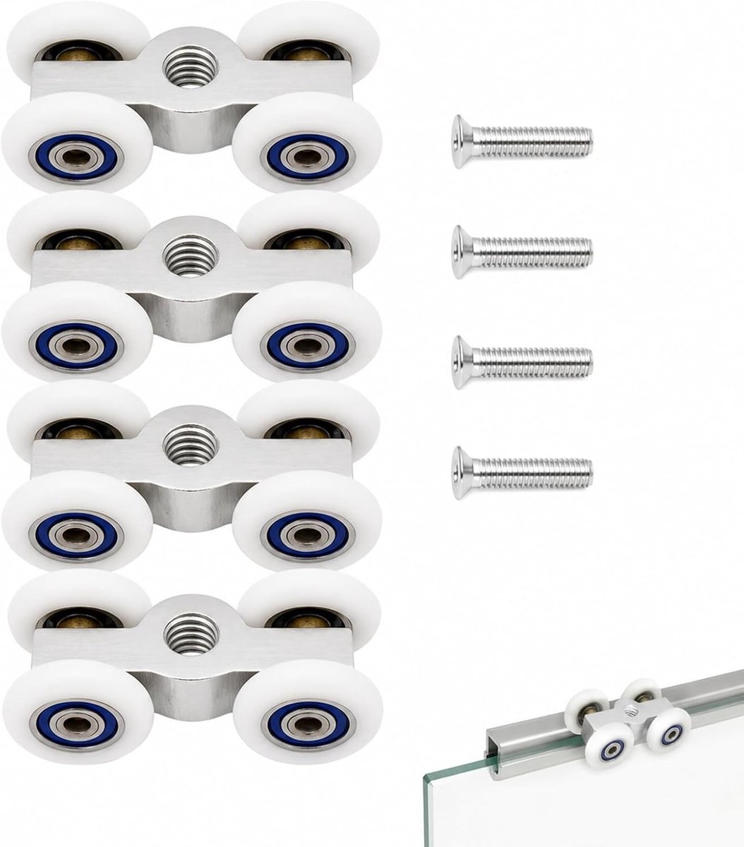 Set van 4 wieltjes voor schuifdeuren met M6-schroefdraad, ideaal voor glazen deuren, kastdeuren en ramen, duurzame en stille wielen