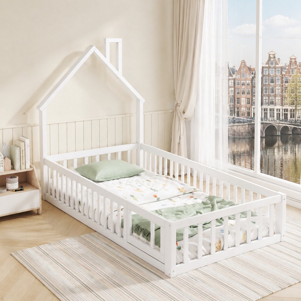 WUVRIE Huisbed 90x200 cm met lattenbodem en veiligheidsgitter, kinderbed in wit/grijs