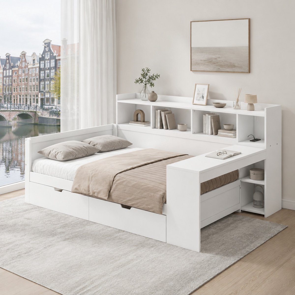 Daybed met bureau en laden - 90x200 cm - 2 lades en USB-oplaadpunten - Wit - Zonder matras