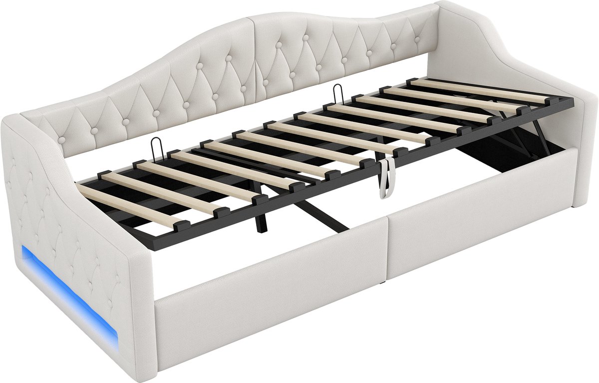 WUVRIE Gepolsterd 90x200 Tagesbett met LED-verlichting en grote opbergruimte, Beige
