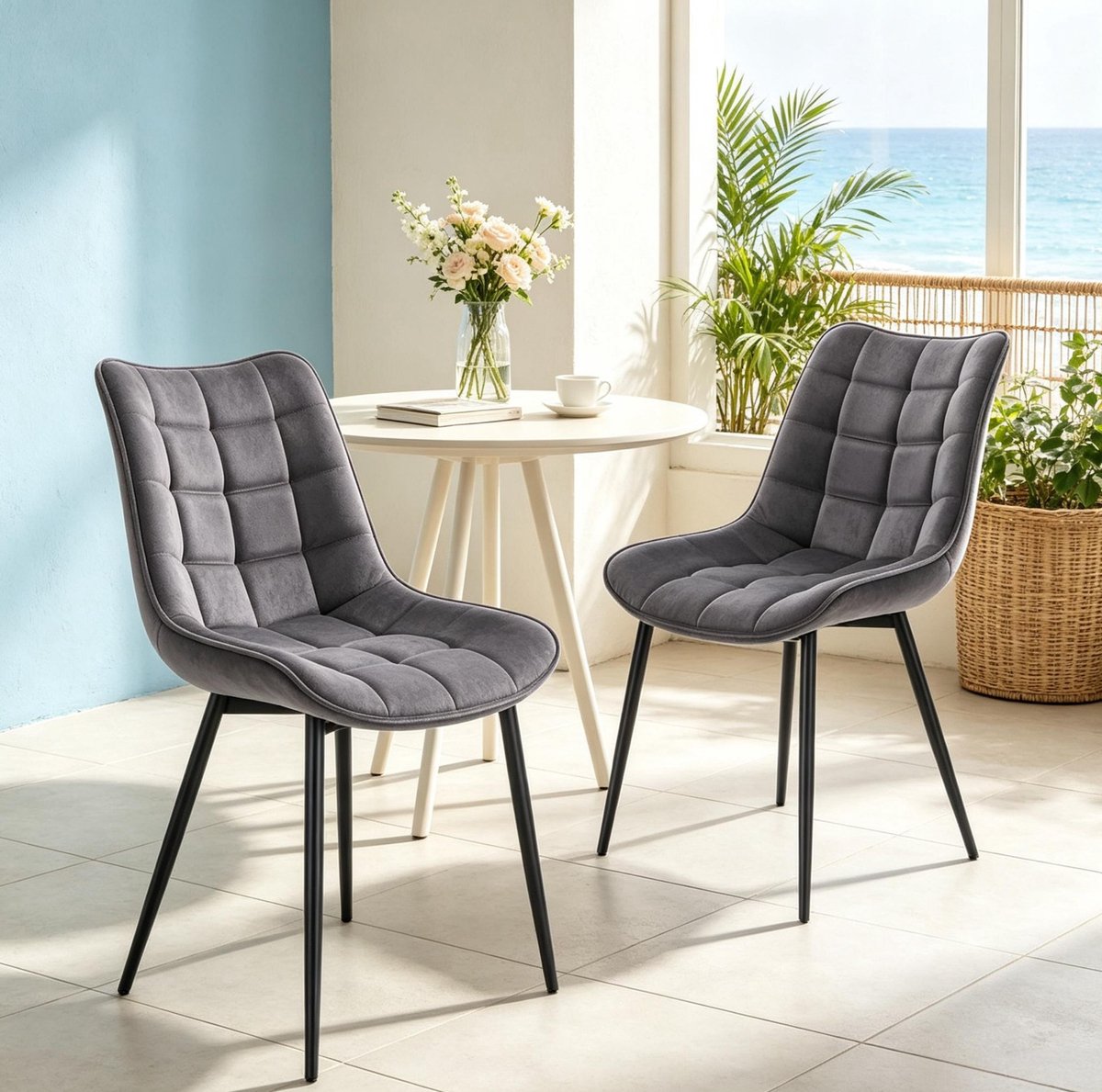 Eetkamerstoel Set Van 2 - Modern Kuipstoel Design Met Fluwelen Zitting En Zwarte Metalen Poten - Voor Eetkamer En Kantoor - Donker Grijs