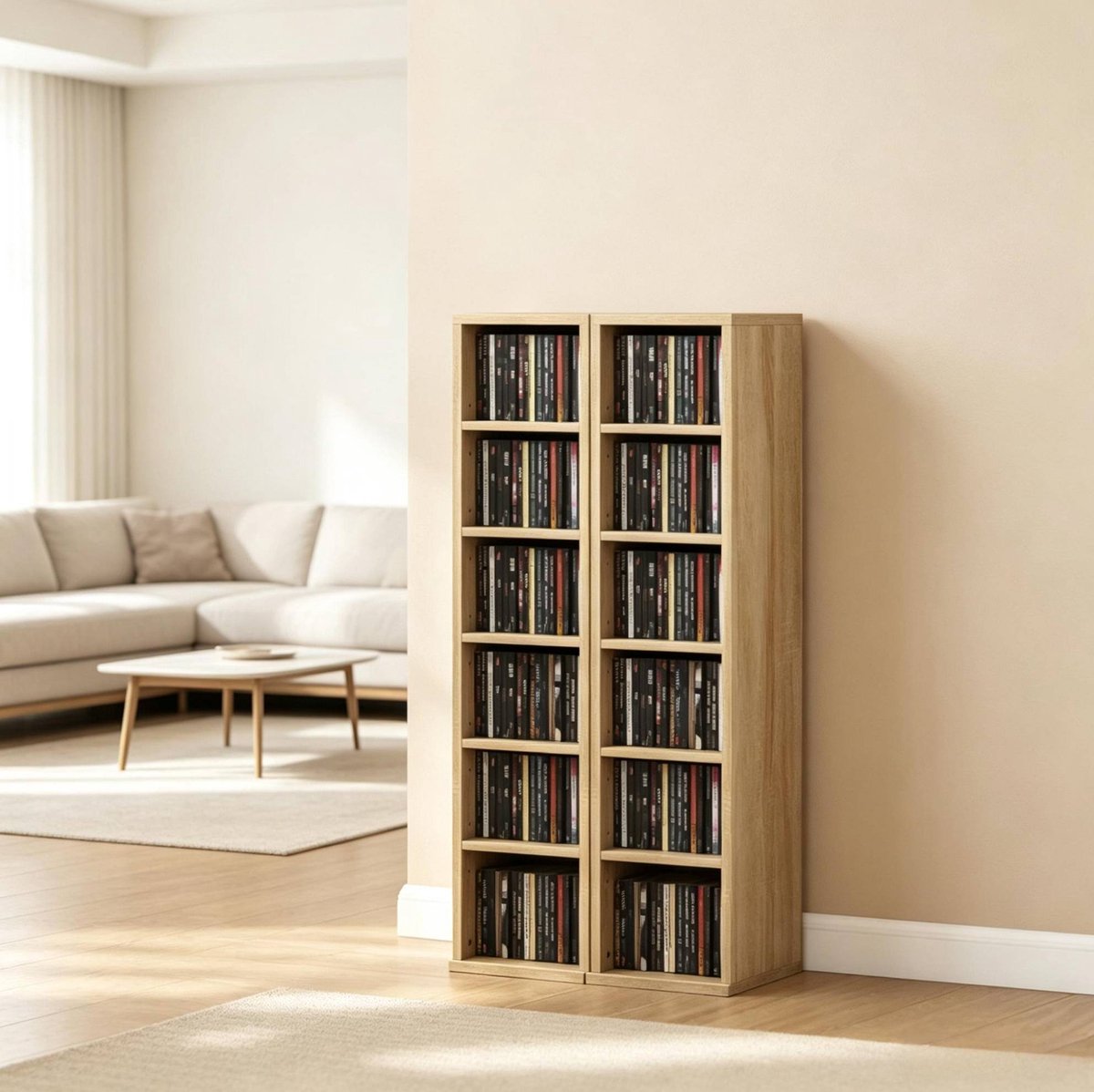 REDOM - CD-opbergkast set van 2 - 12 vakken - Stapelbaar of naast elkaar - Capaciteit voor 204 cd's - Partikelplaat - Eiken - 21 x 22,5 x 88,5 cm