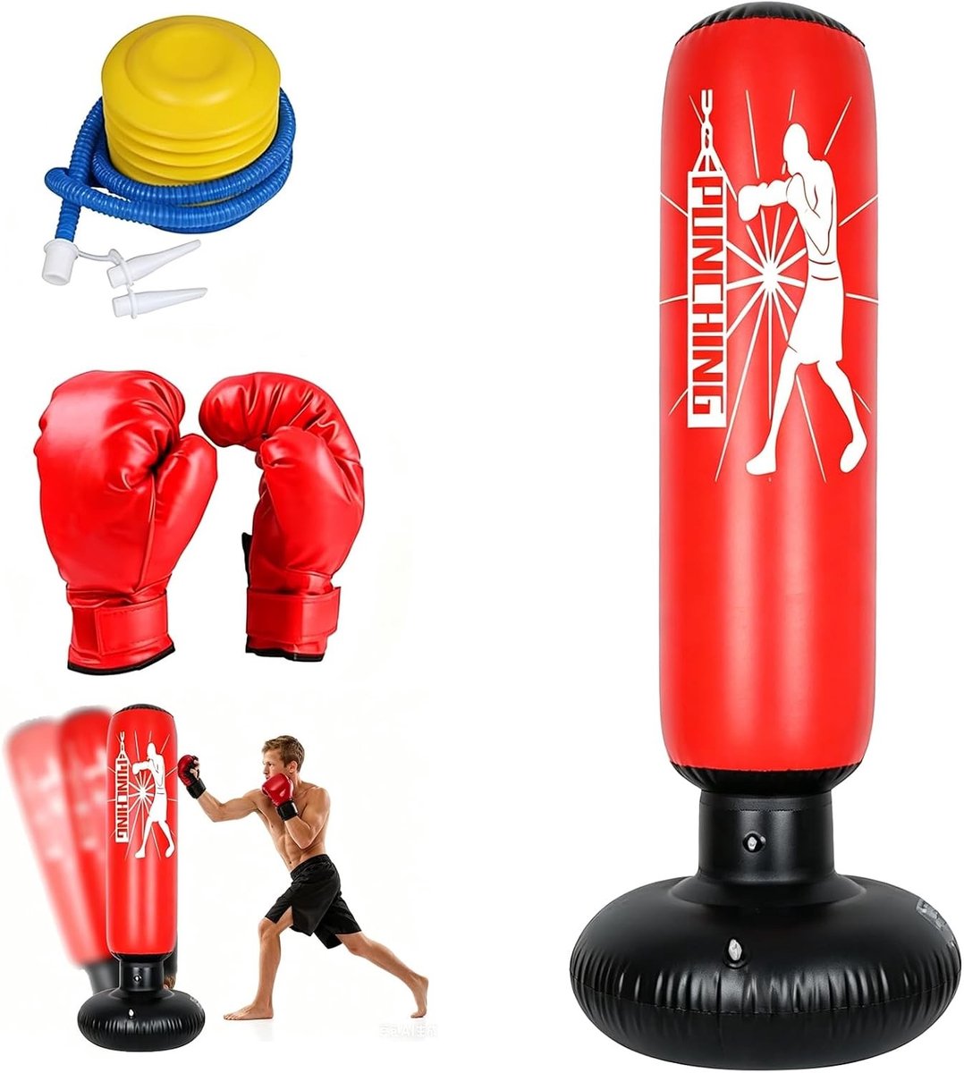 Opblaasbare Bokszak van 160 cm met Bokshandschoenen en Pomp - Ideaal voor Kinderen van 3-12 Jaar, Perfect voor Karate, Taekwondo en MMA Training