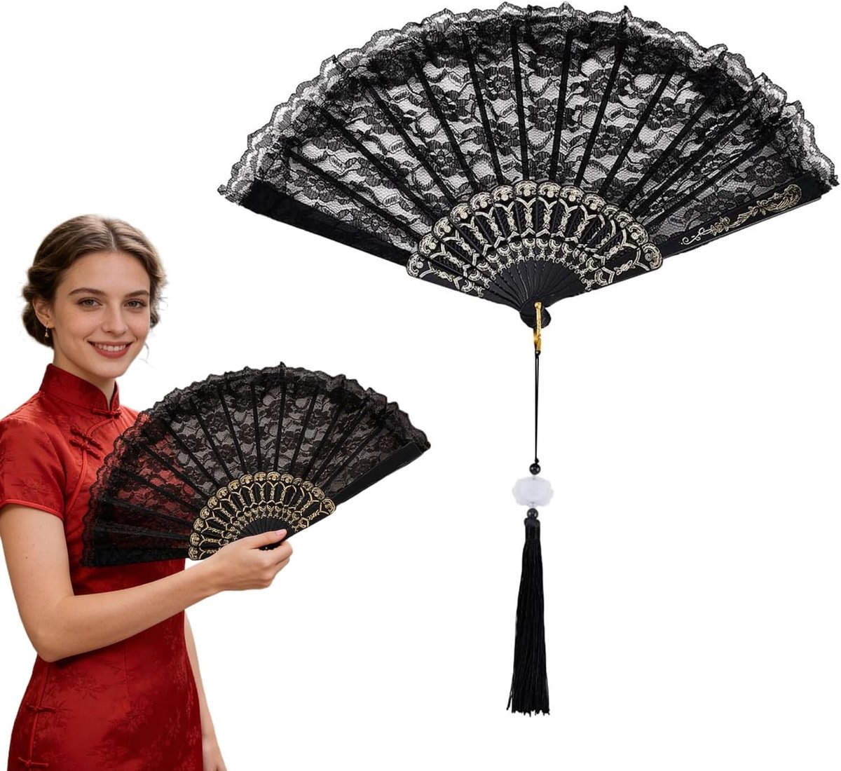 Zwarte Veerfan in Vintage Stijl voor Halloween en Carnaval - Handgehouden Accessoire voor 1920s Gatsby Kostuums en Feestjes