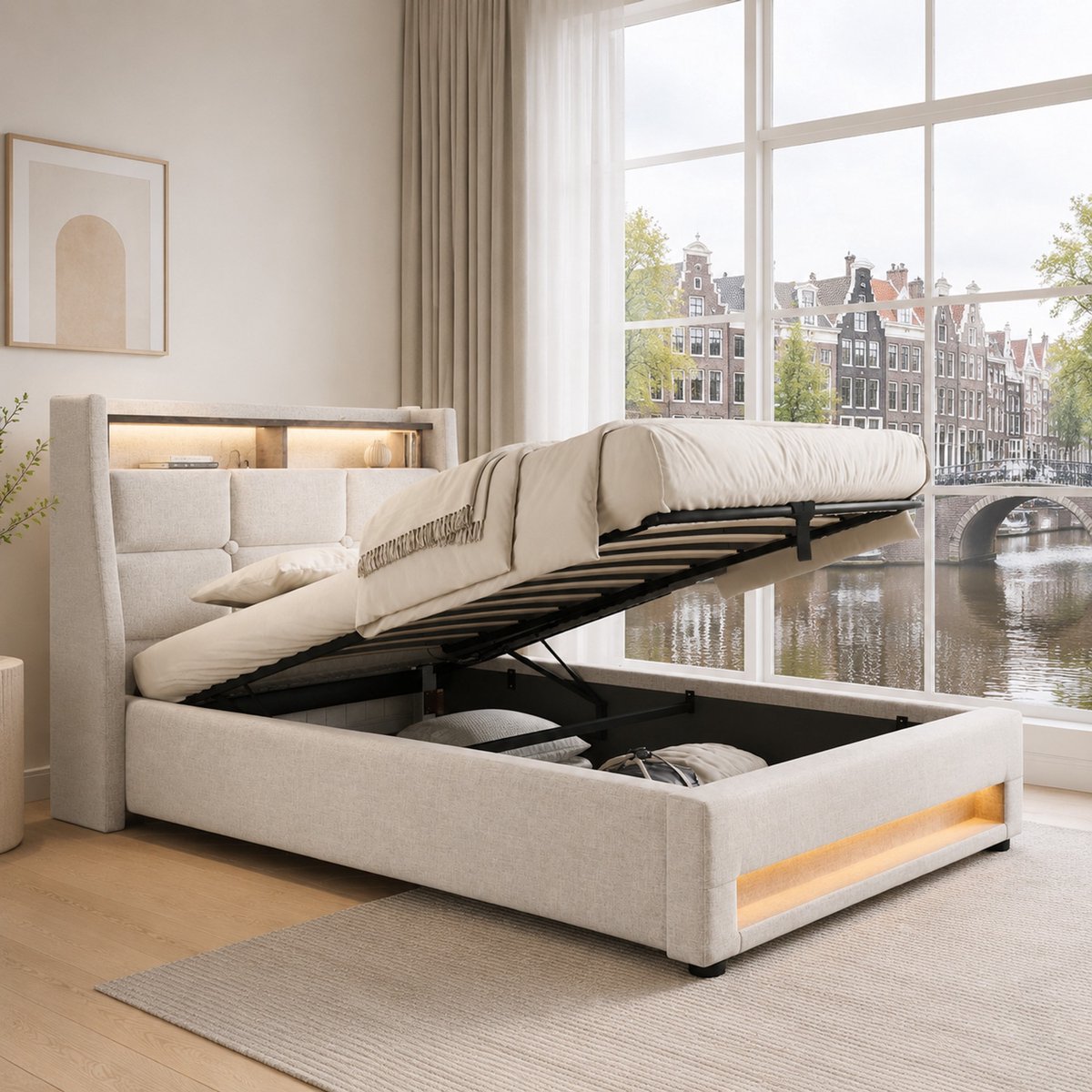 WUVRIE Polsterbett mit USB & LED - 90x200cm Einzelsofa, Lattenrost, Beige, 2 Kartons