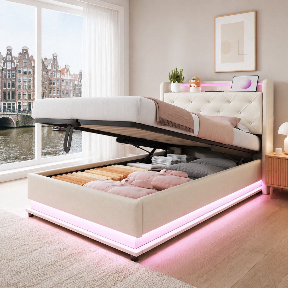 WUVRIE Kinderbed 90x200cm Beige - Multifunctioneel opklapbed met hydraulische opbergruimte, USB-poorten, USB-C en verlichtingslampen