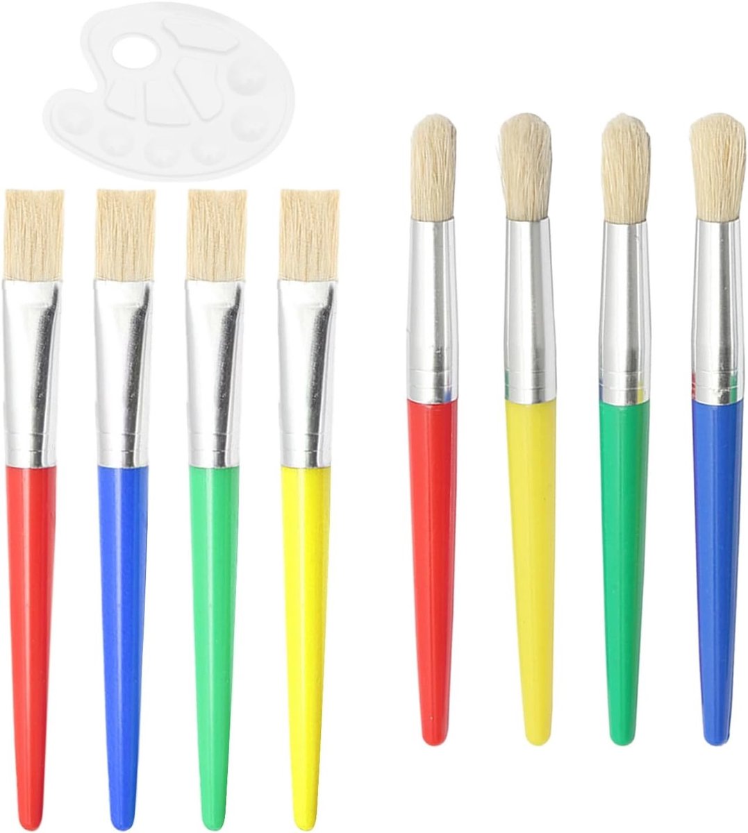 Set van 8 Kinderschilderkwasten voor Schilderen, Scribbeln en Tekenen - Wasbare Kwasten voor Peuters (4 Ronde en 4 Platte Tips)