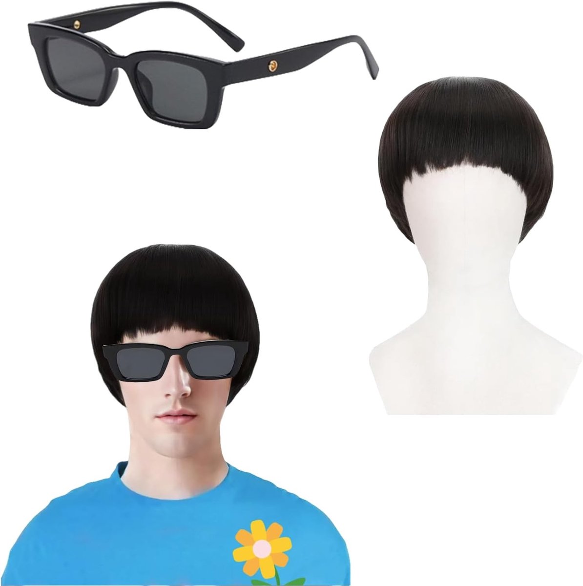 Korte zwarte pruik voor mannen en vrouwen, retro paddenstoelhoofdstijl, perfect voor carnaval, Halloween en themafeesten