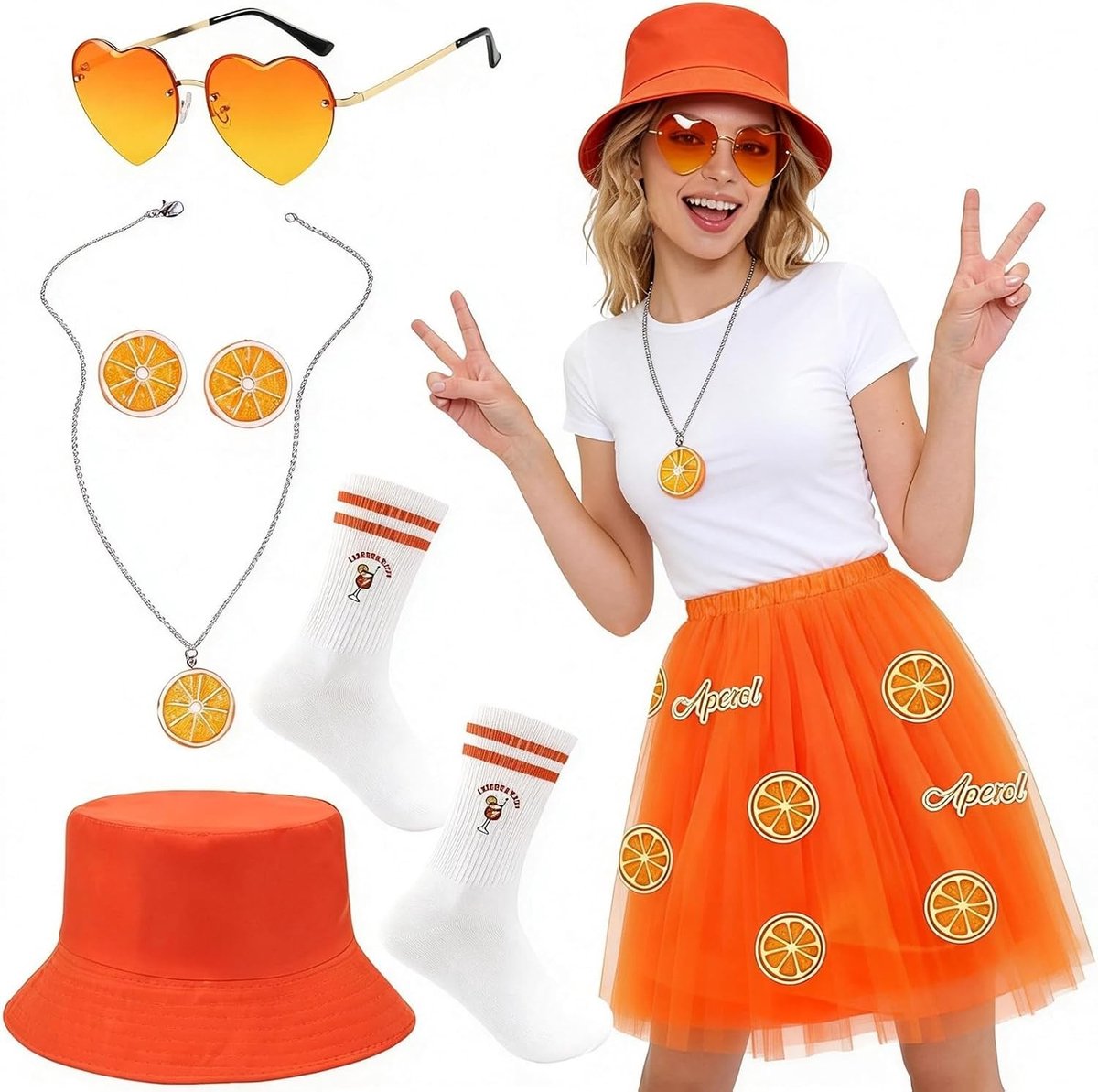 Grappig kostuum voor dames met Aperol Spritz accessoires, vissershoed, sokken en zonnebril, perfect voor feesten en thema-avonden