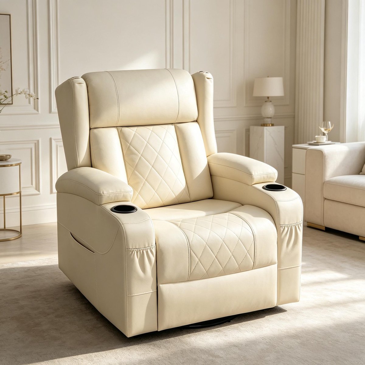 REDOM - Relaxfauteuil - Handmatig verstelbare rugleuning en voetensteun - 360° draaibaar met wipfunctie - PU-leer - Beigekleurig - 87 x 94,5 x 103,5 cm
