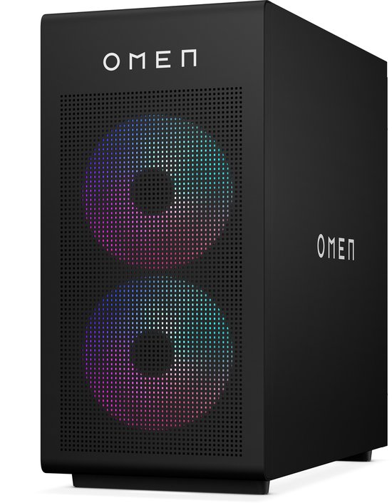 Zwarte OMEN desktop van voren en de zijkant, met RGB-ventilatoropeningen.