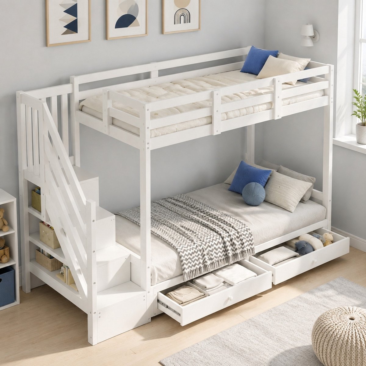 Kinder Stapelbed 90x200cm Zonder Matras Met Treppenkast En 2 Lades Opbergbed En Slaapbank Voor Kinderkamer Met Lattenbodem Hout Wit