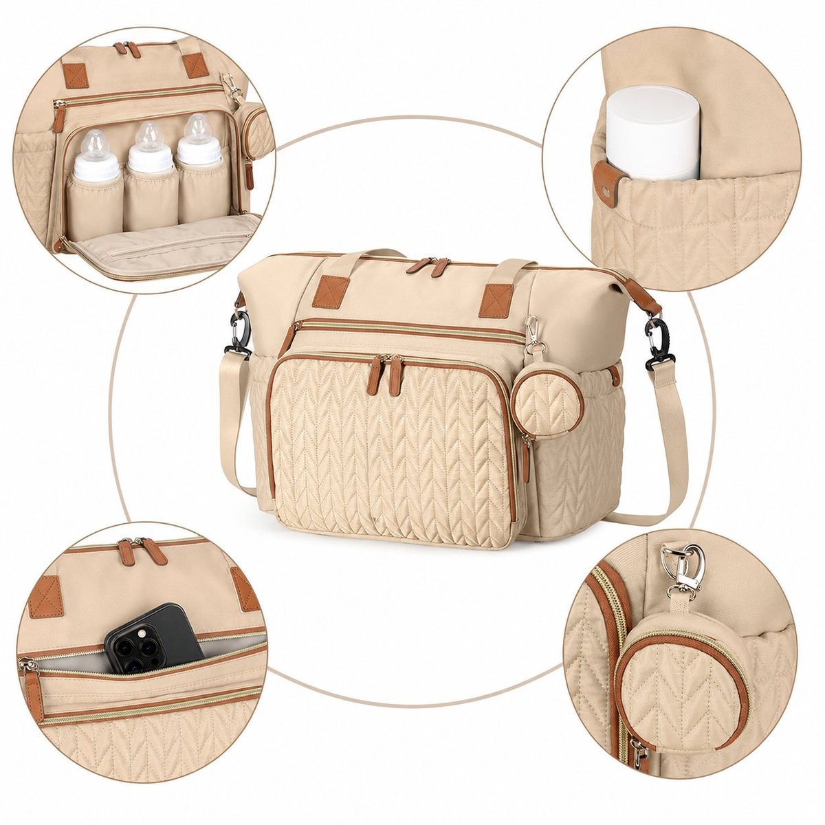 R&H® Luierrugzak voor baby's, waterdicht, beige met bruin leder, groot, luiertas met fleece mat