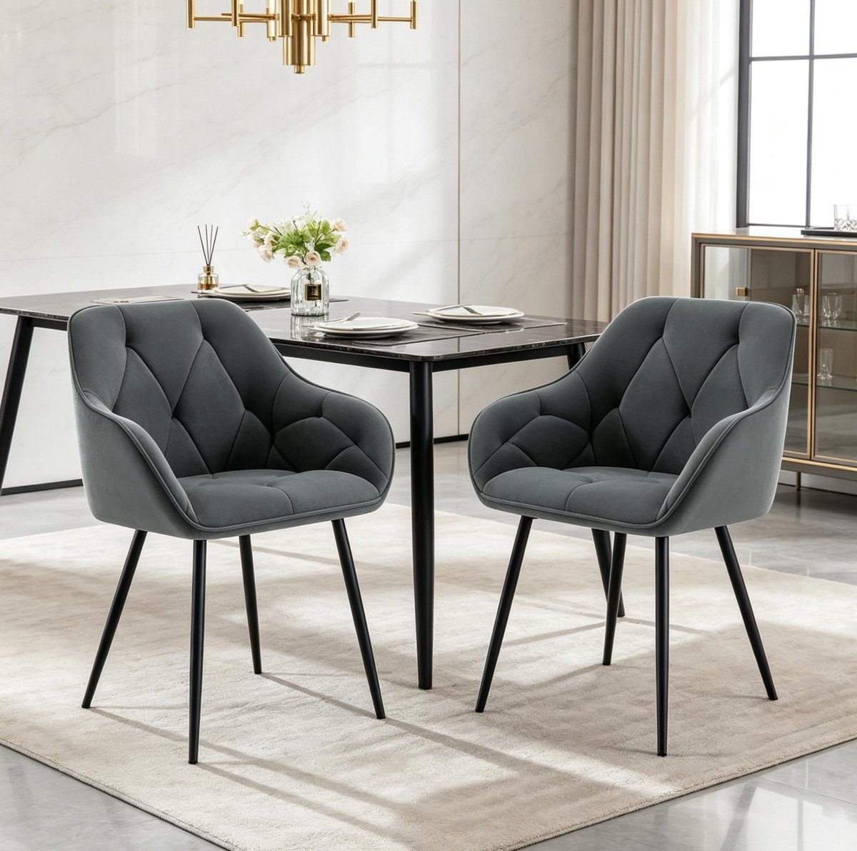 HAUSS SPOLE Eetkamerstoel - Velvet - Set Van 2 - Ergonomisch Met Armleuningen En Zachte Zitting - Voor Eetkamer En Woonkamer - Donkergrijs