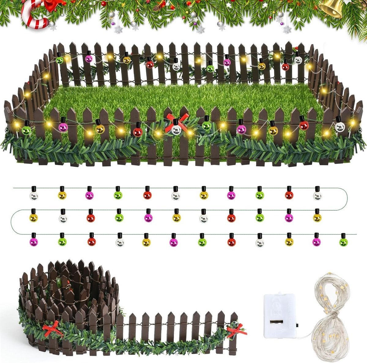 Miniatuur Houten Tuinafscheiding met 200cm LED Verlichting en 100cm Kunstlichtketting voor Sprookjestuin Decoratie
