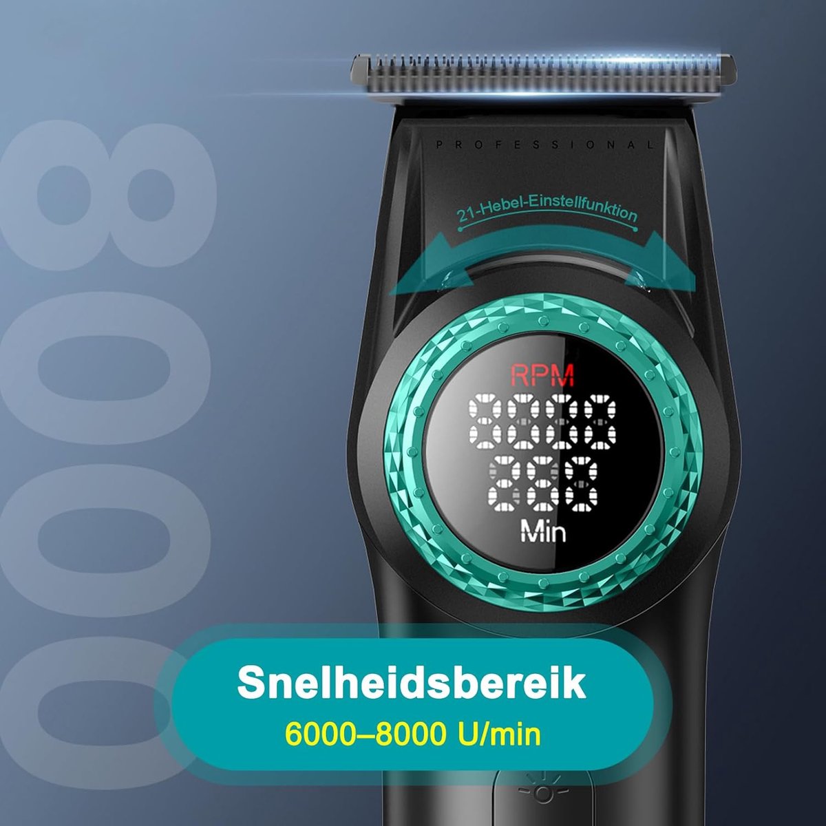VGR V-977 Professionele Tondeuse & Baardtrimmer – 6000-8000 RPM – 21 Snelheden – Zero Gap T-Blade – LED Display – 260 Min Accuduur – Zwart