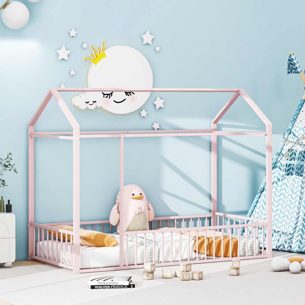 REDOM - Stapelbed - Metalen frame met afgeronde hoeken - Veiligheidsrails - Verhoogde poten - Ruimtebesparend - Kinderkamer - Pink - 90 x 200 cm