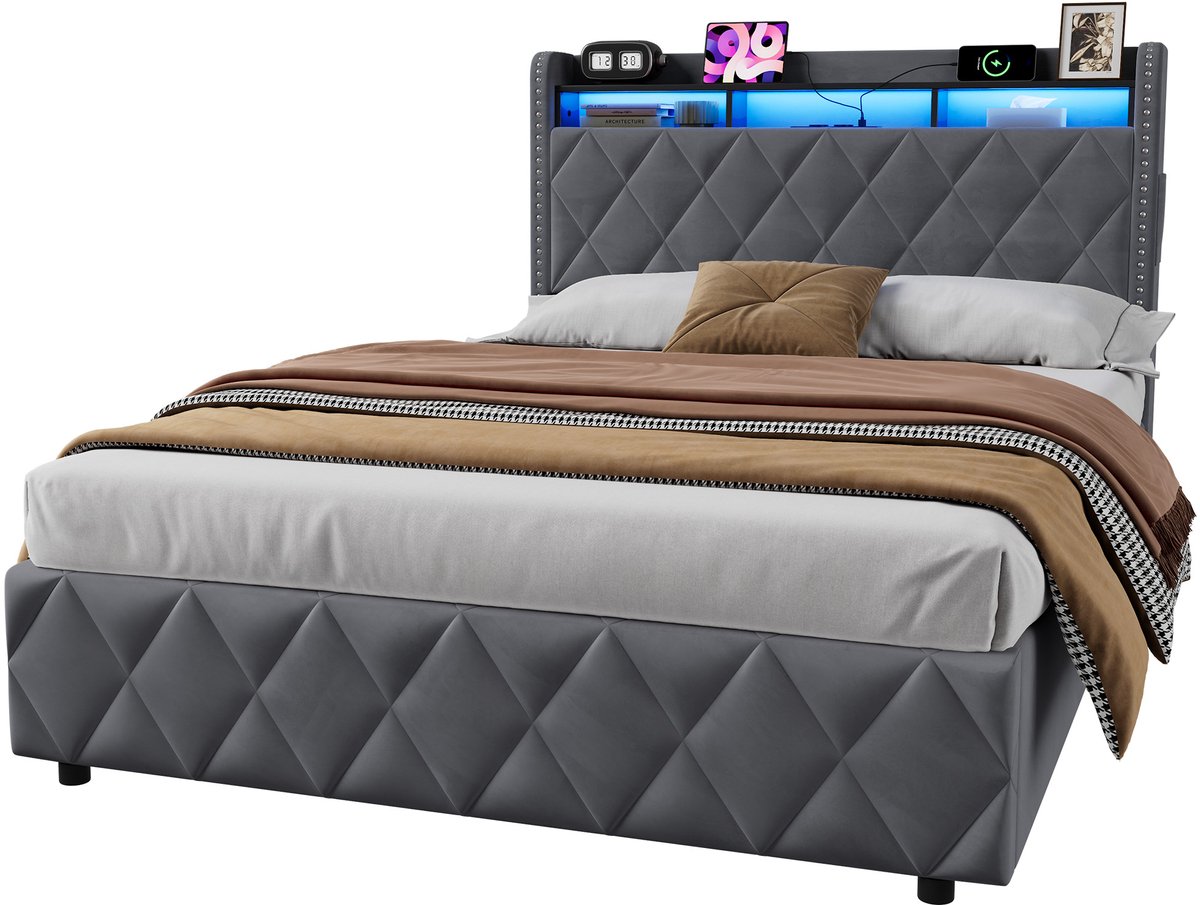 MODENUIT Gestoffeerd bed 140x200cm – LED-verlichting met oplaadfunctie en opbergruimte – Donkergrijs – Zonder matras