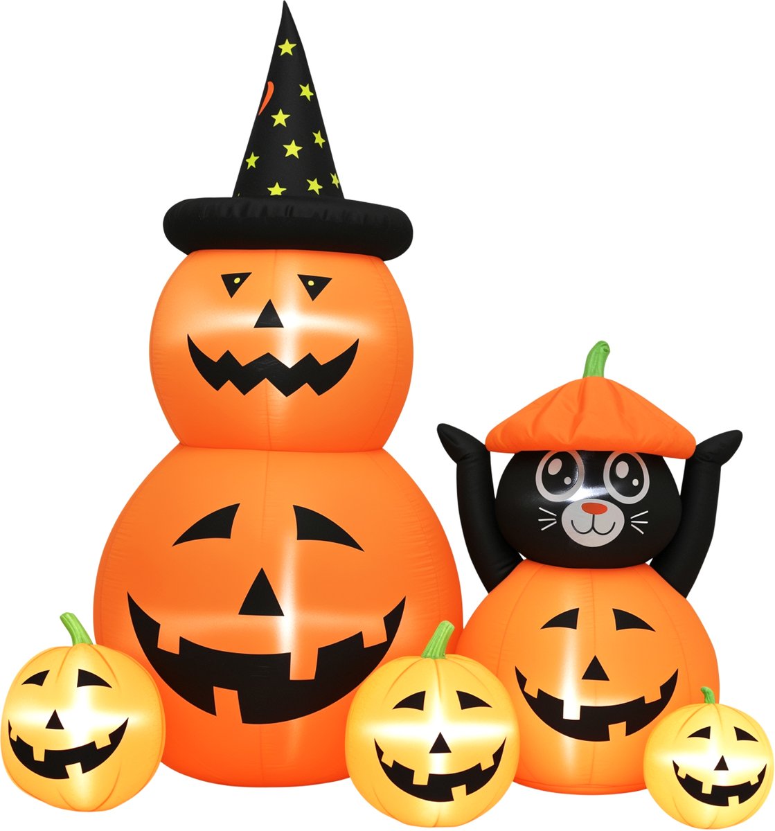 Opblaasbare Halloween Pompoen met Kat - LED-verlichting IP44 - Inclusief luchtpomp - Voor feestelijke decoratie - 6 voet hoog (160x100x180 cm) - Oranje