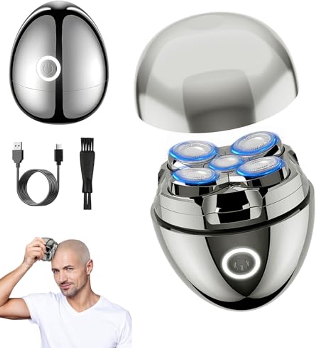Elektrisch Hoofdscheerapparaat 5D – Draadloos & Waterdicht IPX7 – USB-C Oplaadbaar – Zilver
