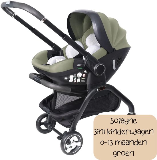 Groene Solayne 3-in-1 kinderwagen voor kinderen van 0-13 maanden.