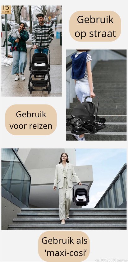 Afbeeldingen tonen de kinderwagen in gebruik op straat, voor reizen en als 'maxi-cosi'.
