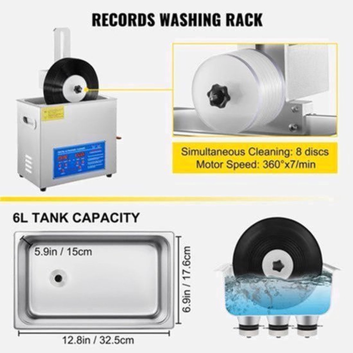 Ultrasoonreiniger - Wasmachine - Ultra Sonic Cleaner - 180W 6L met knop- Ultrasoonreiniger Bril - met droogrek